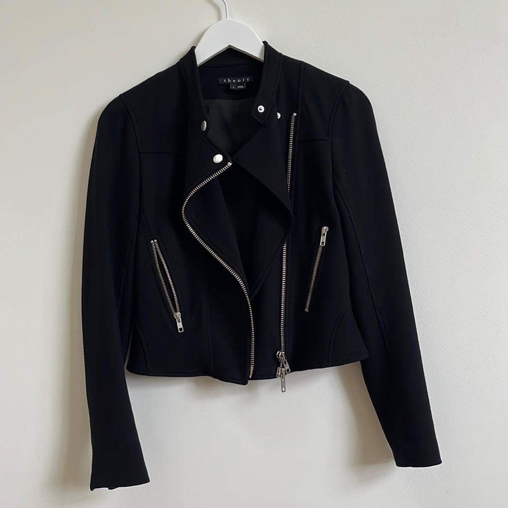 -Theory Black Zip Up Utility Biker Jacket Cropped Size 2